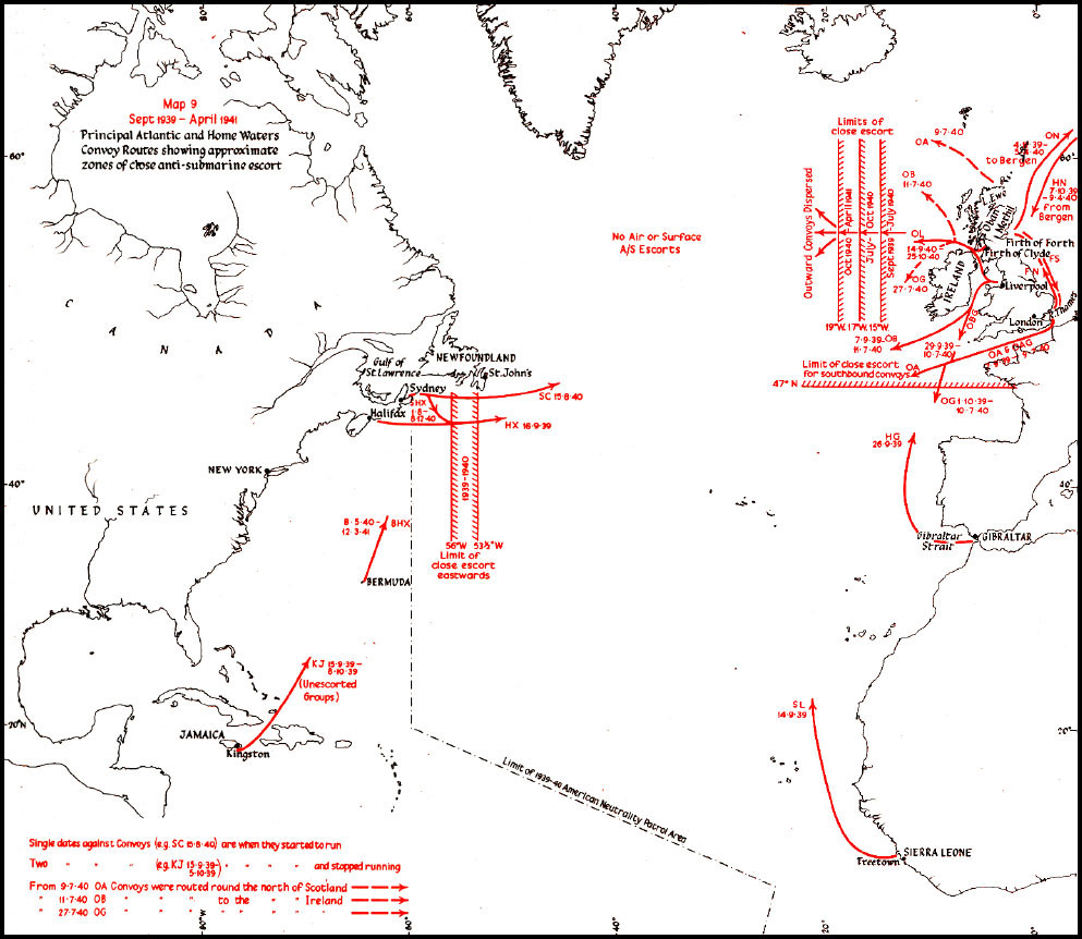 Principaux itinéraires des convois de l'Atlantique et de l'arrière-pays indiquant les zones approximatives d'escorte anti-sous-marine rapprochée